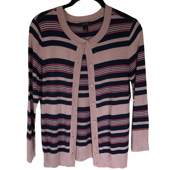 Halogen Small Stripe Cardigan Sweater Lightweight Pink Dusty Rose Button Front - Picture 2 of 7